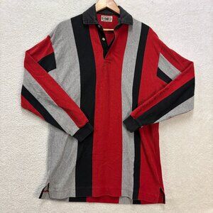 Vtg County Seat Mens XL Red Black Vertical Stripe Rugby Polo Shirt OVERSIZED